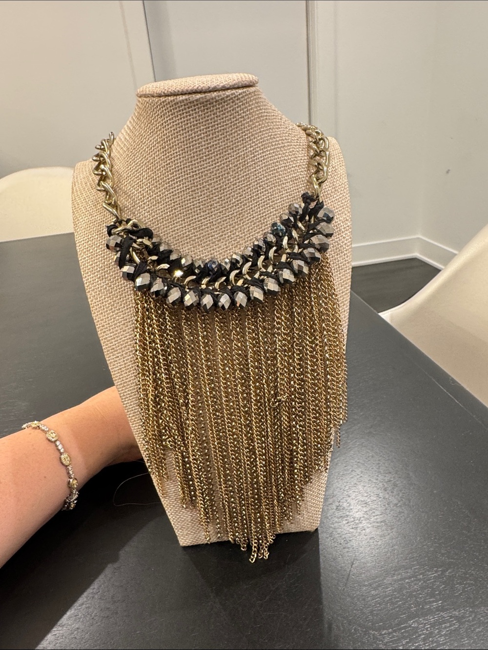 Statement Gold Fringe Necklace with Black Crystal Accents